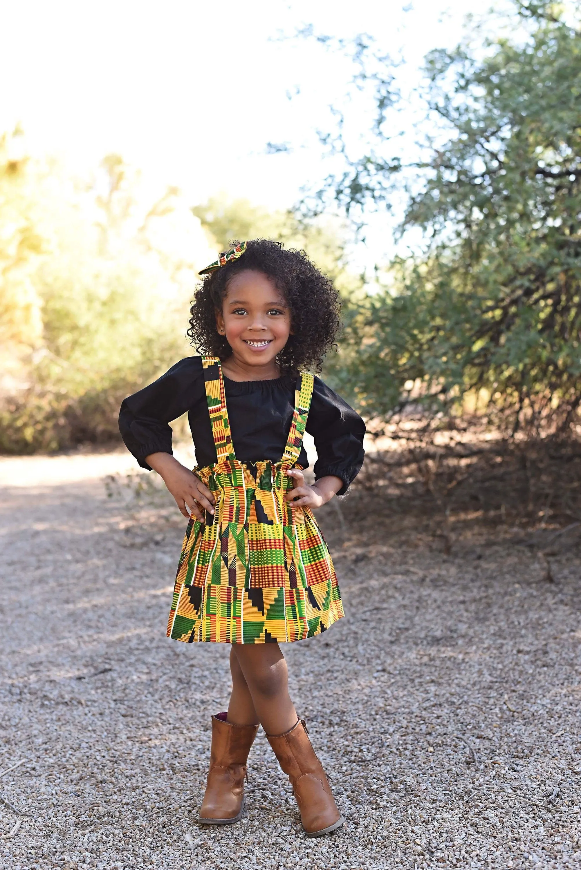 3pc Kente Suspender Skirt with Top and Hair Bow