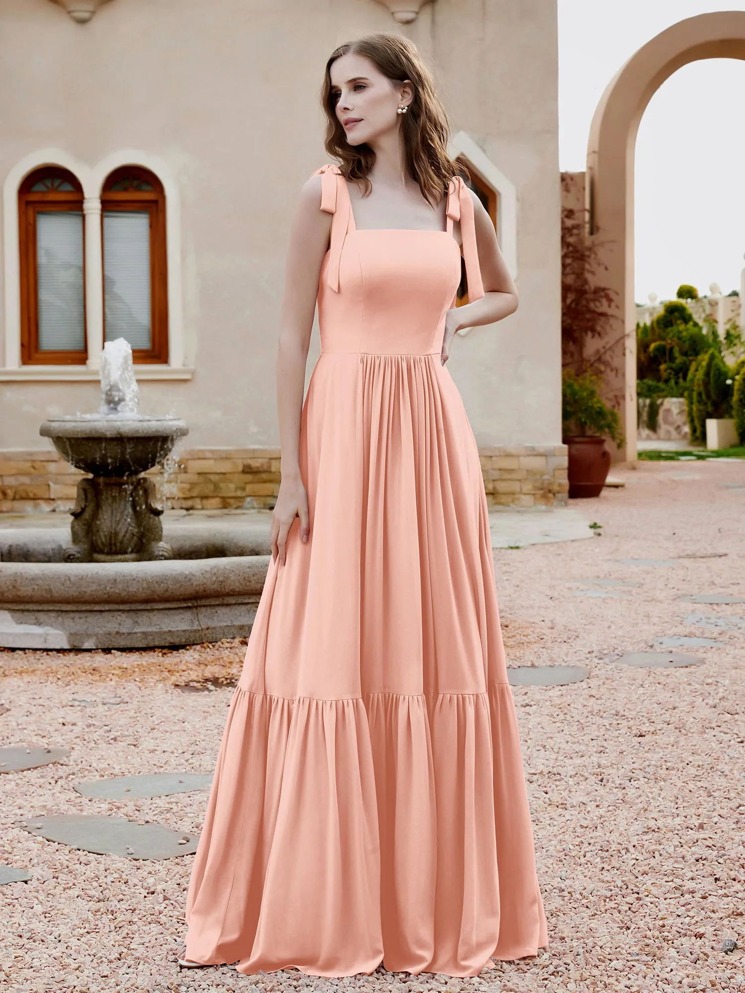 A-Line Bow Ruffle Sleeveless Chiffon Dress Coral Plus Size