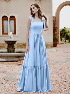 A-Line Bow Ruffle Sleeveless Chiffon Dress Sky Blue