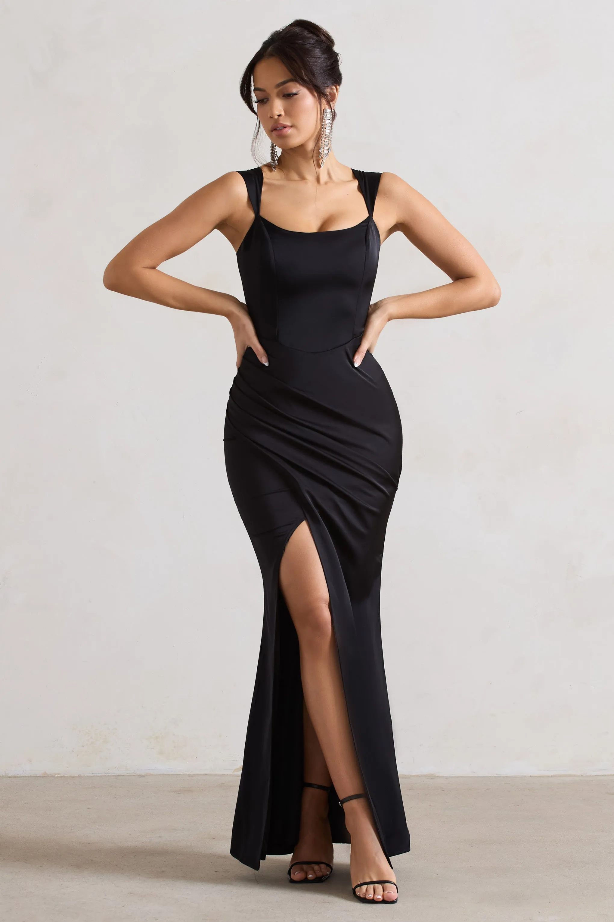 A Romantic | Black Satin Corset Wrap Maxi Dress