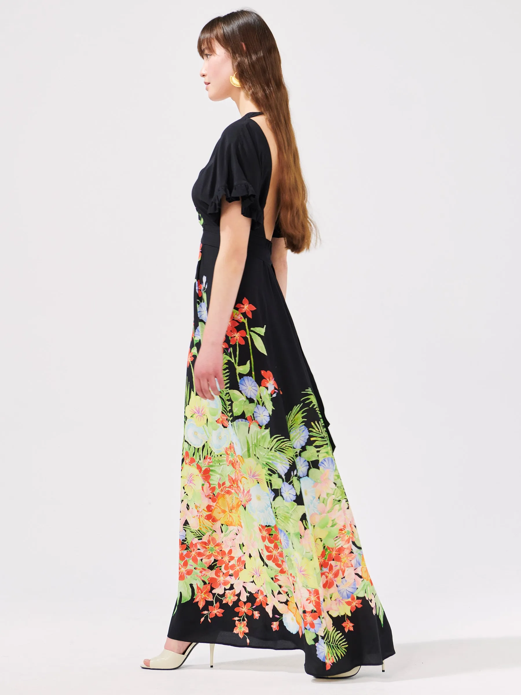 Abundant Blooms Backless Maxi Dress Black