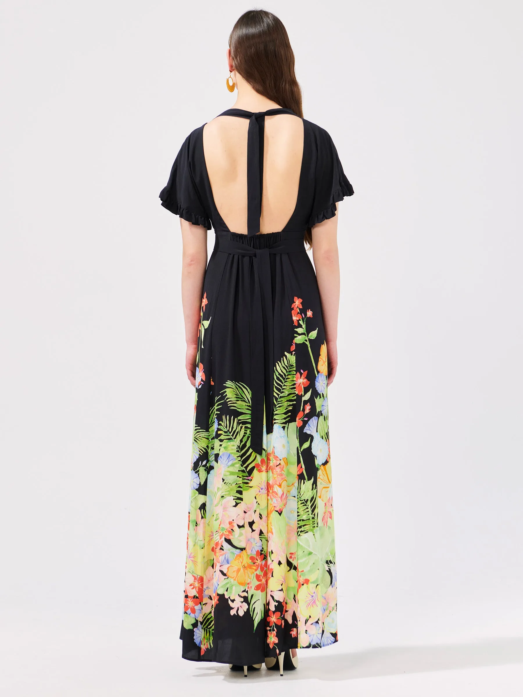 Abundant Blooms Backless Maxi Dress Black