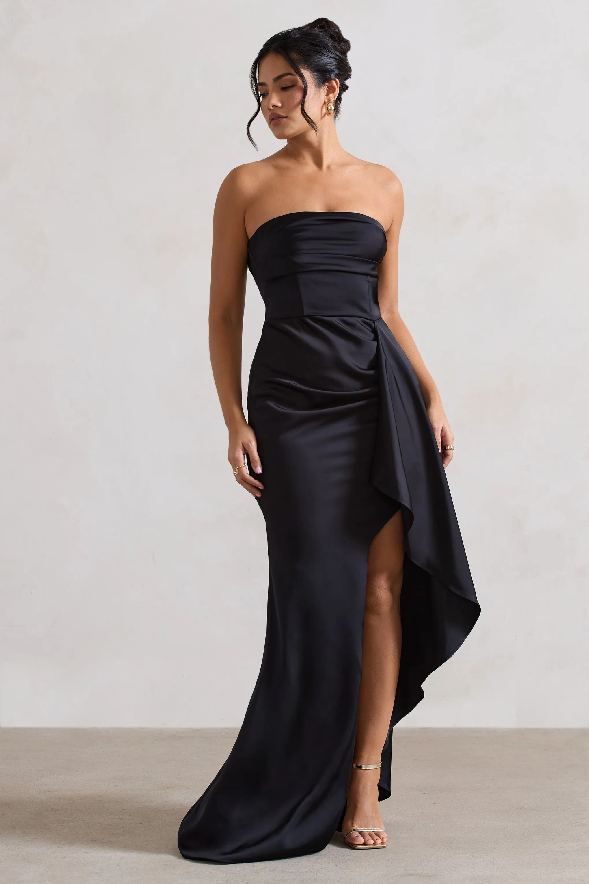 Ace | Black Satin Bandeau Split Maxi Dress With Ruffle Drape