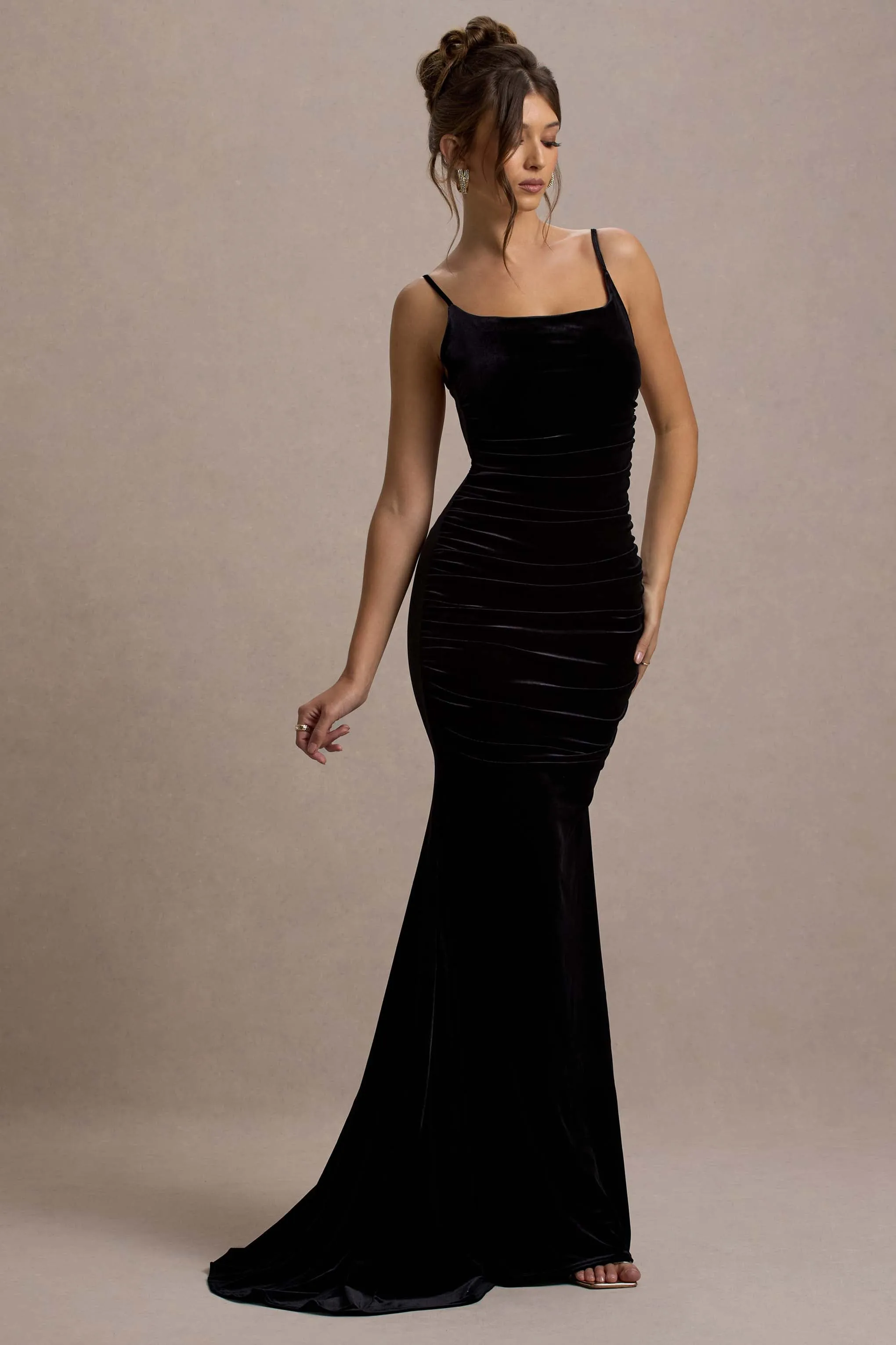 Adele | Black Velvet Ruched Strappy Fishtail Maxi Dress