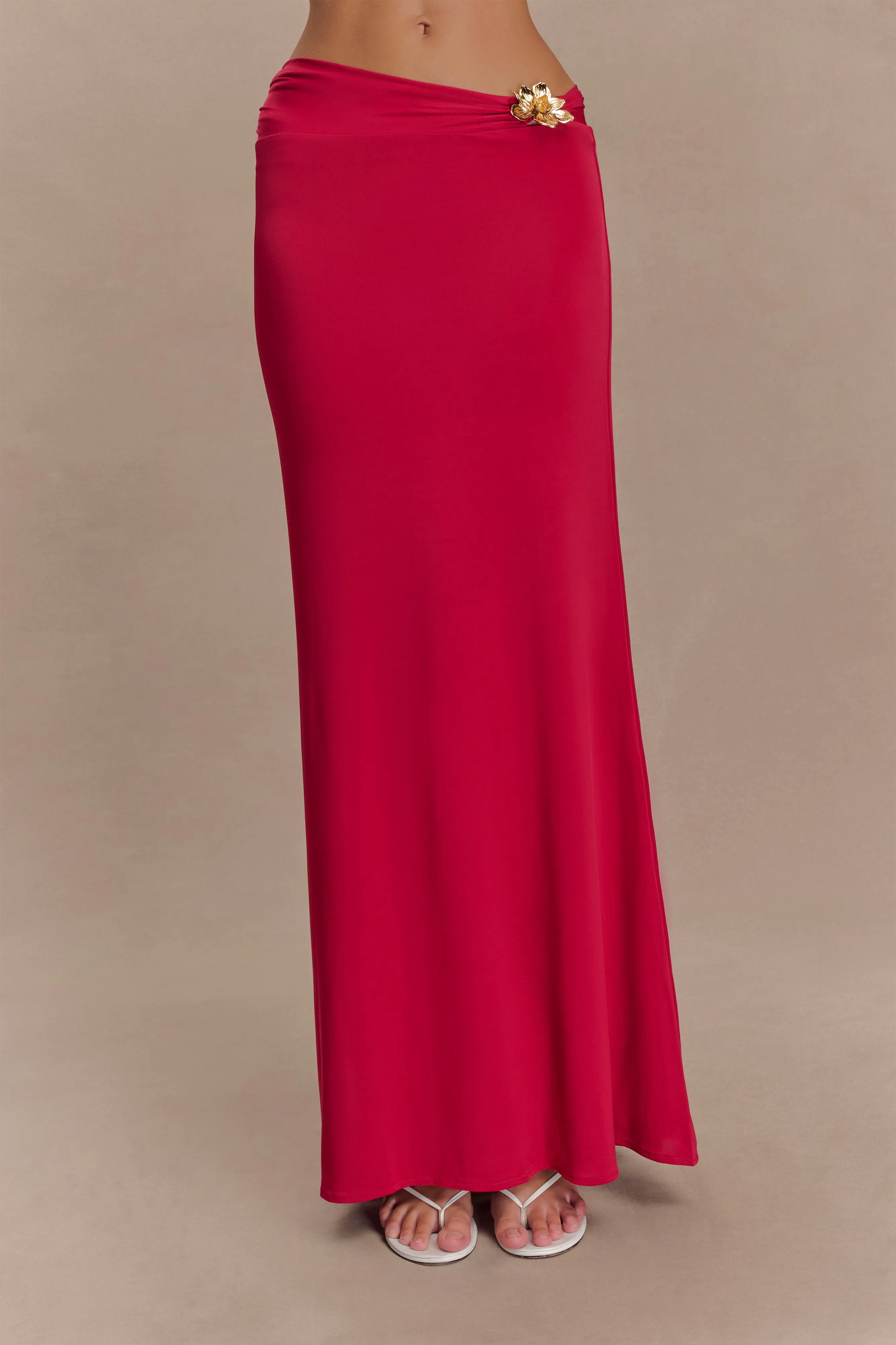 Ainsley Asymmetrical Maxi Skirt With Floral Hardware - Fuchsia Pink