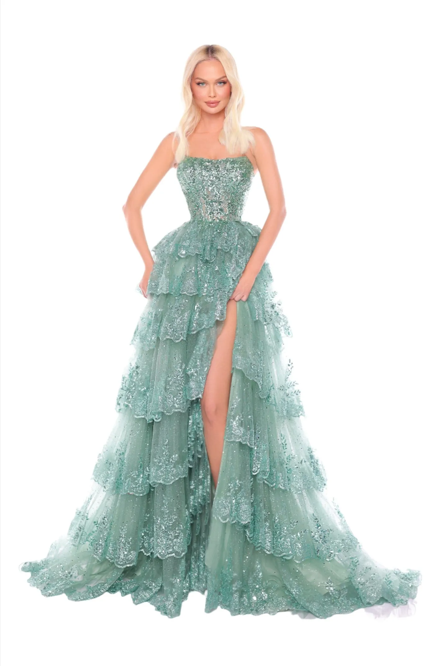 Amarra 88499 Layered Sequin Ruffle Formal Dress Lace Corset Maxi Slit Gown Sequin Pageant