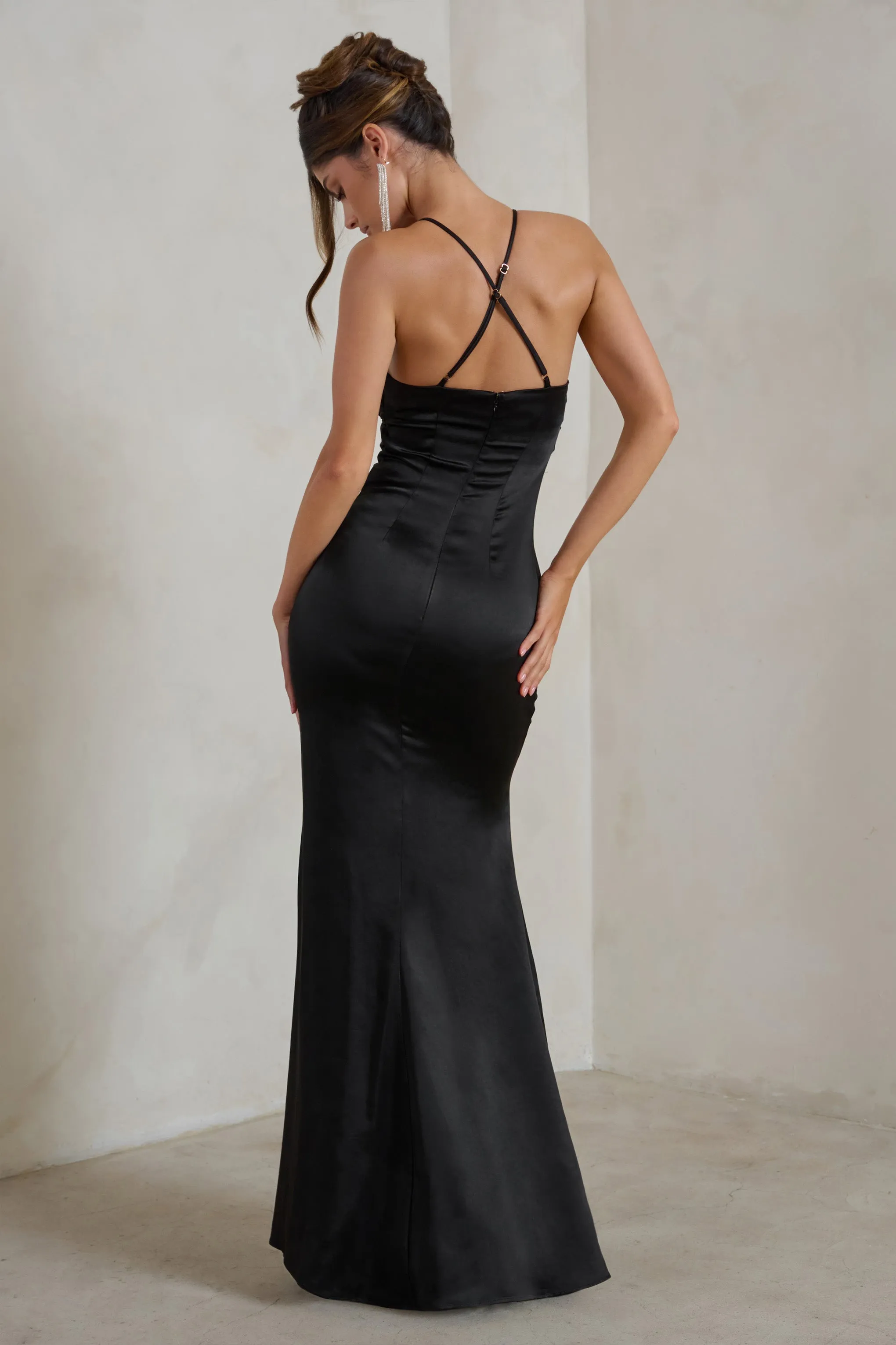 Ami | Black Satin Plunge Fishtail Maxi Dress