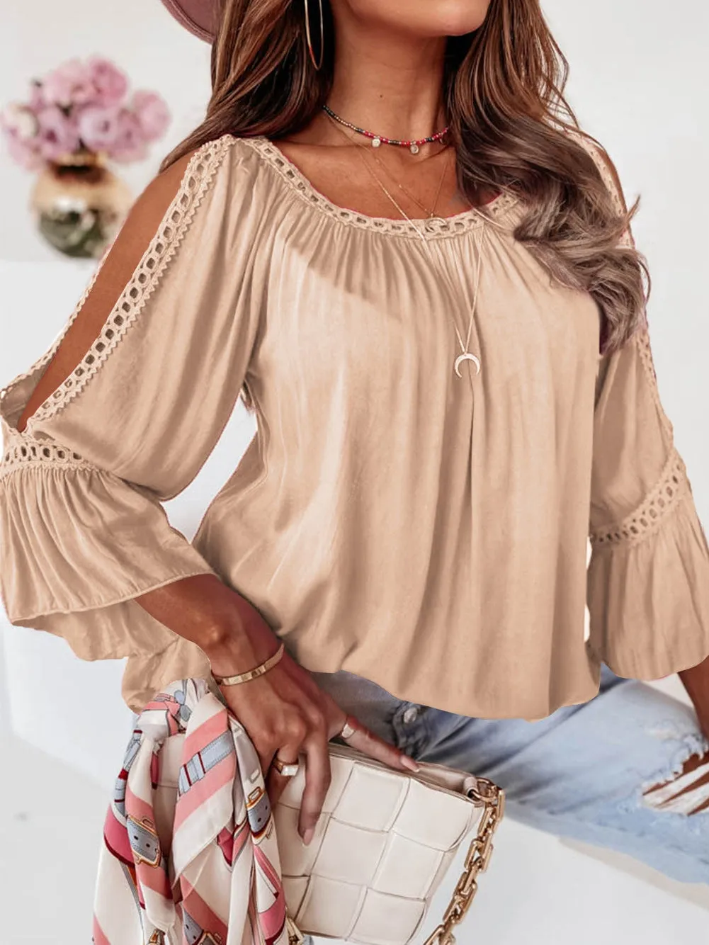 Apricot Lace Crochet Sleeve Ruffle Blouse with Cut-Out Detail