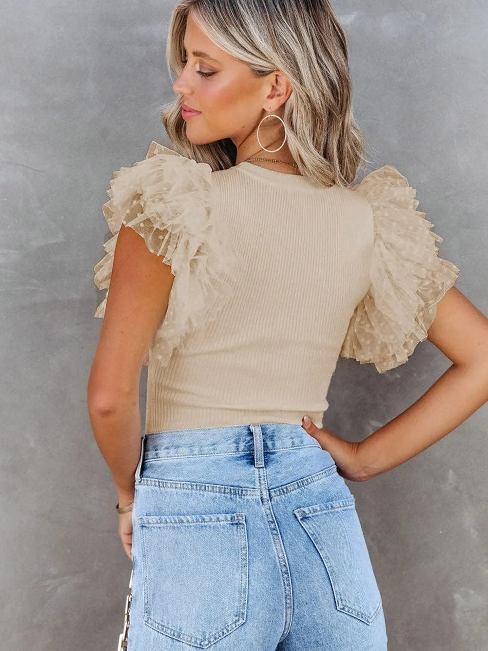 Apricot Sheer Mesh Ruffle Sleeve Top with Ribbed Detail