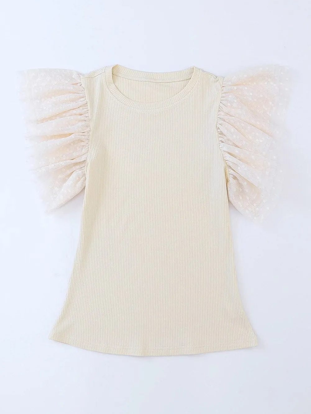 Apricot Sheer Mesh Ruffle Sleeve Top with Ribbed Detail