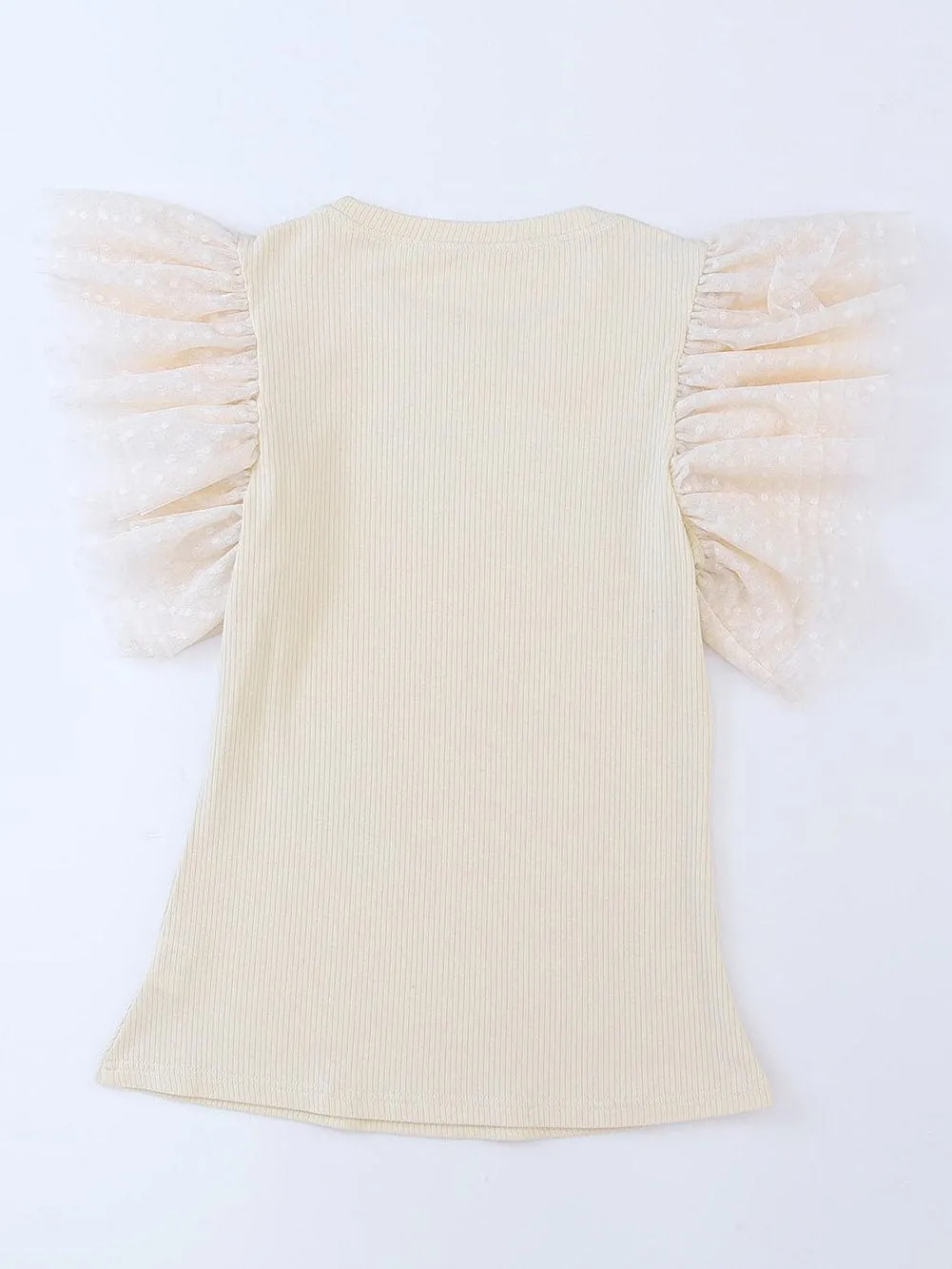 Apricot Sheer Mesh Ruffle Sleeve Top with Ribbed Detail