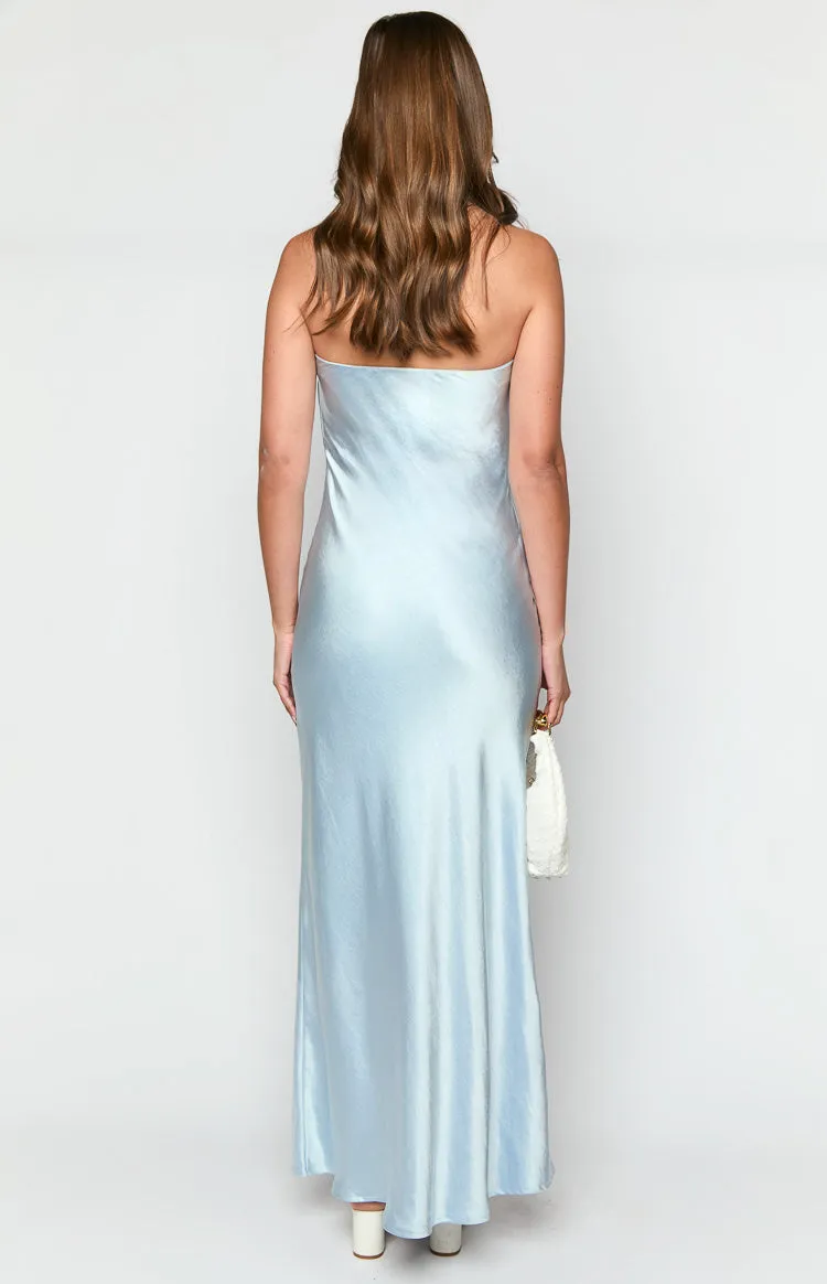 Ariella Blue Satin Strapless Maxi Dress