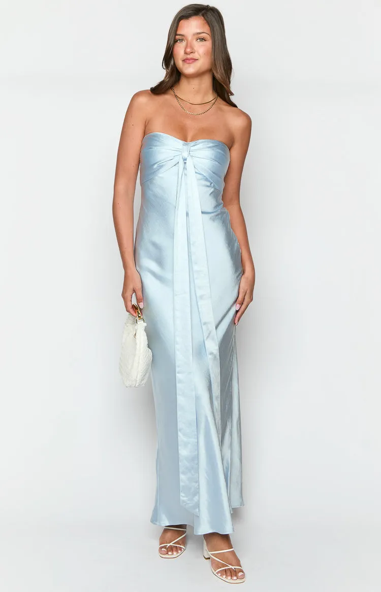 Ariella Blue Satin Strapless Maxi Dress