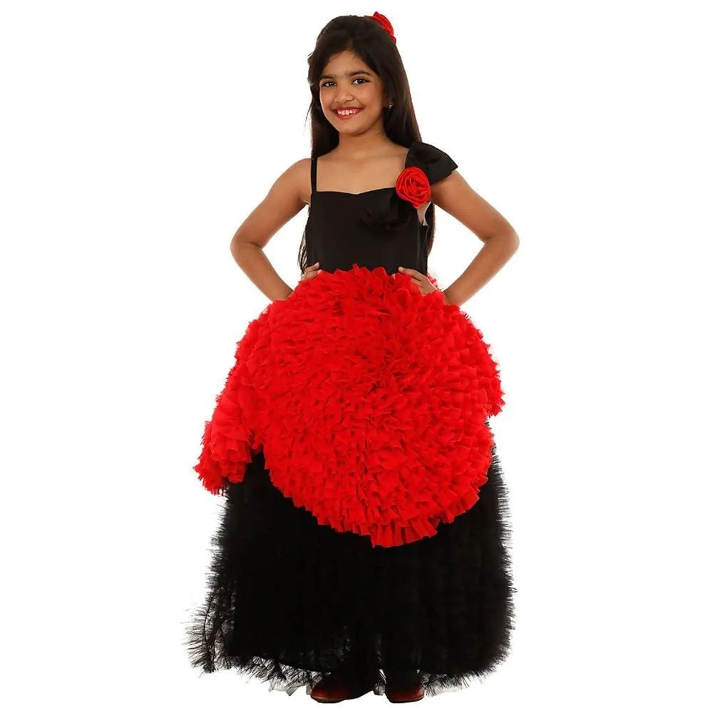 Asmaani Baby Girl's Red & Black Colour Satin A-Line Maxi Full Length Dress (AS-DRESS-22072)