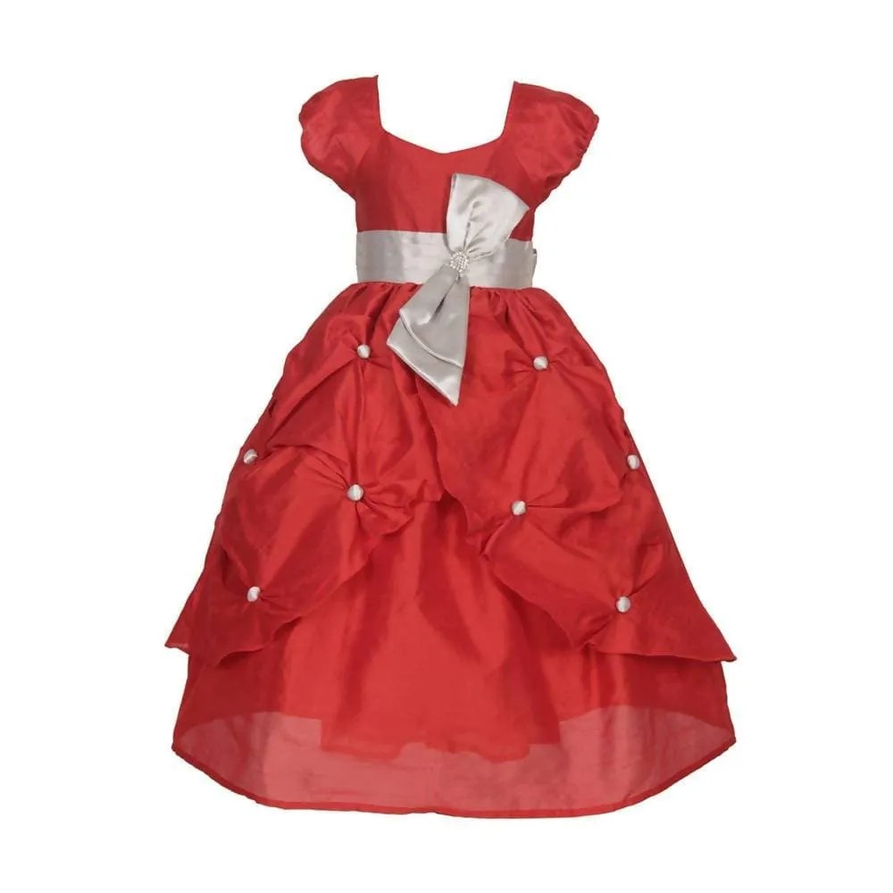 Asmaani Baby Girl's Red Color Satin Designer Full Length Dress (AS-DRESS-22014)