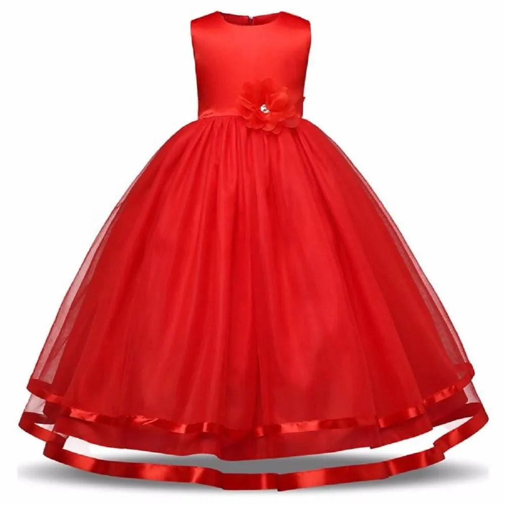 Asmaani Baby Girl's Red Color Satin Full Length Party Frock (AS-DRESS-22061)