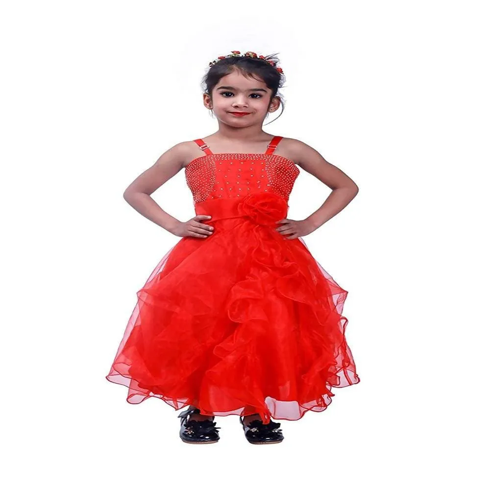 Asmaani Baby Girl's Red Colour Satin A-Line Maxi Full Length Dress (AS-DRESS-22085)