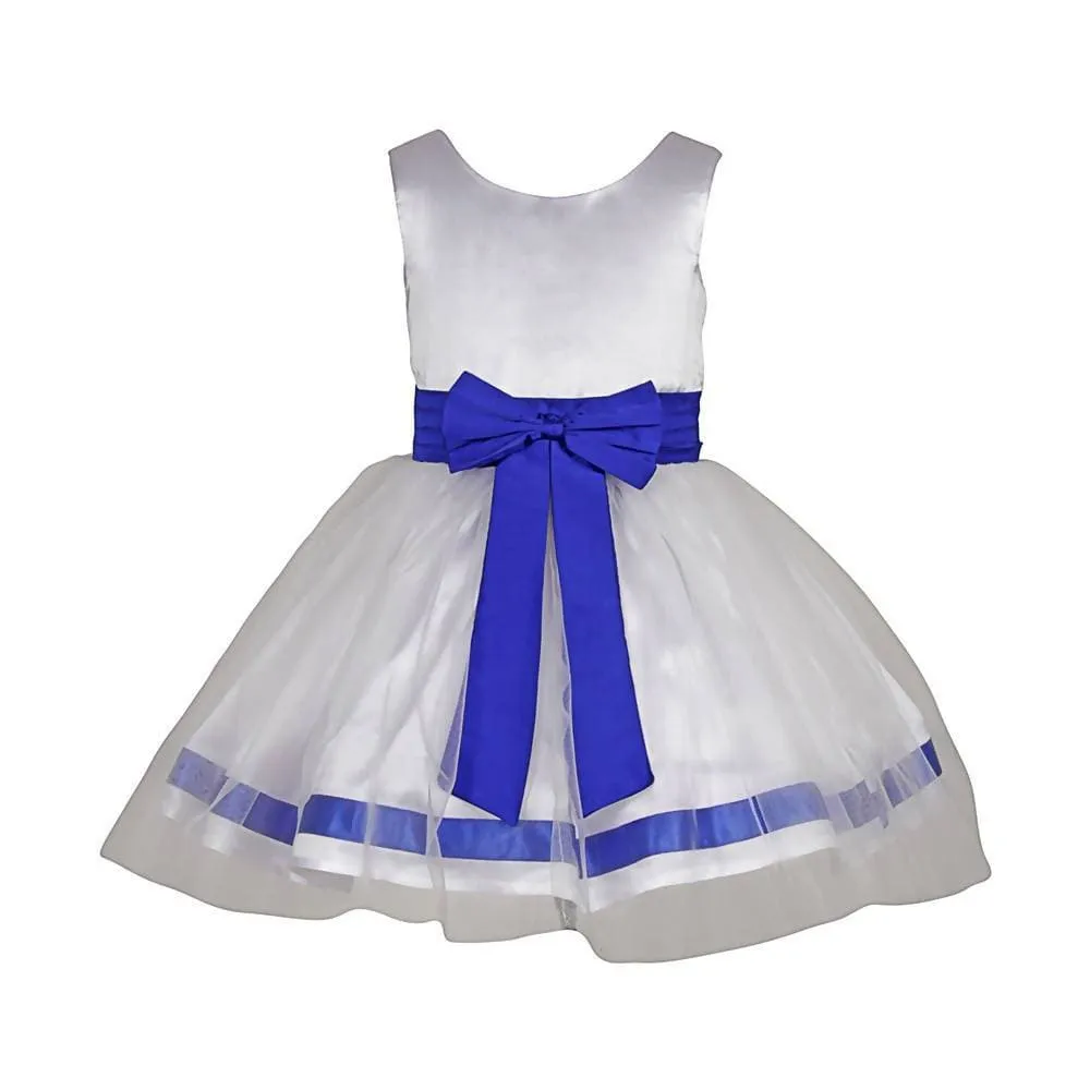 Asmaani Baby Girl's White and Blue Satin Full Length Frock  (AS-DRESS-22018)