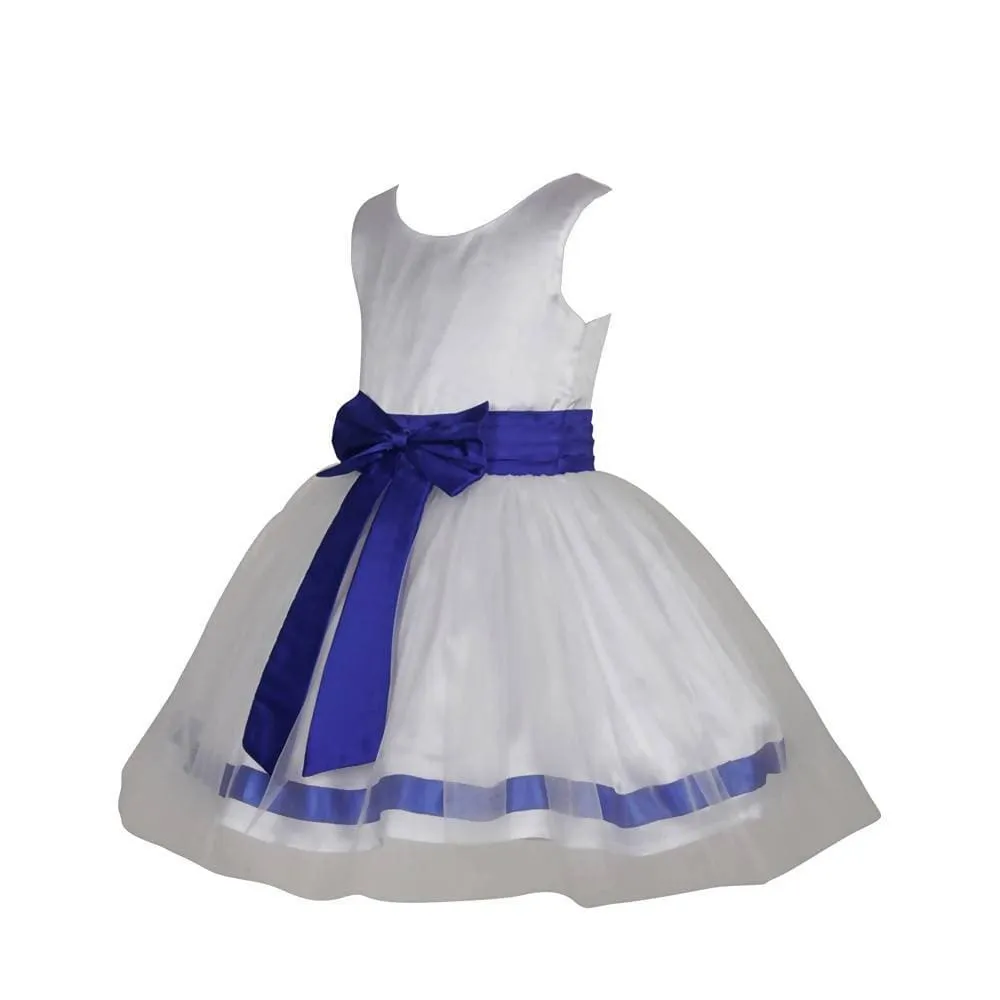 Asmaani Baby Girl's White and Blue Satin Full Length Frock  (AS-DRESS-22018)