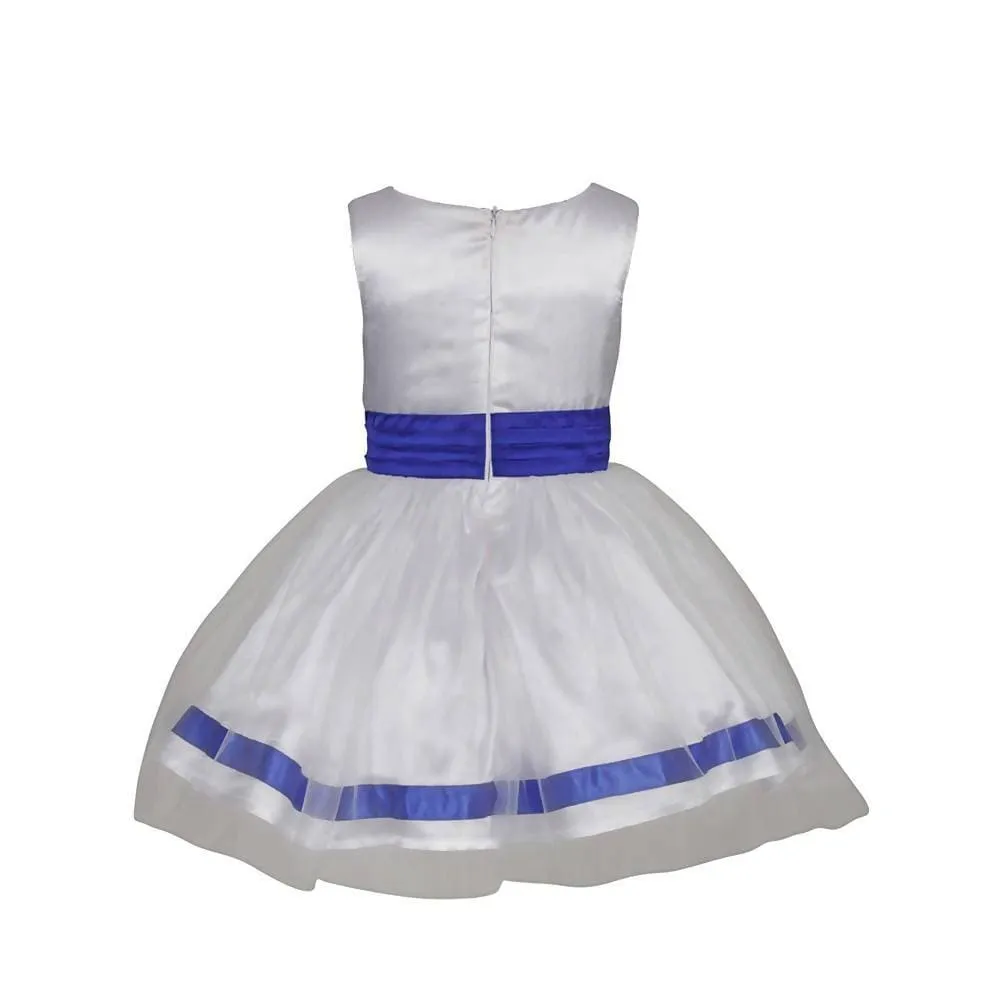 Asmaani Baby Girl's White and Blue Satin Full Length Frock  (AS-DRESS-22018)