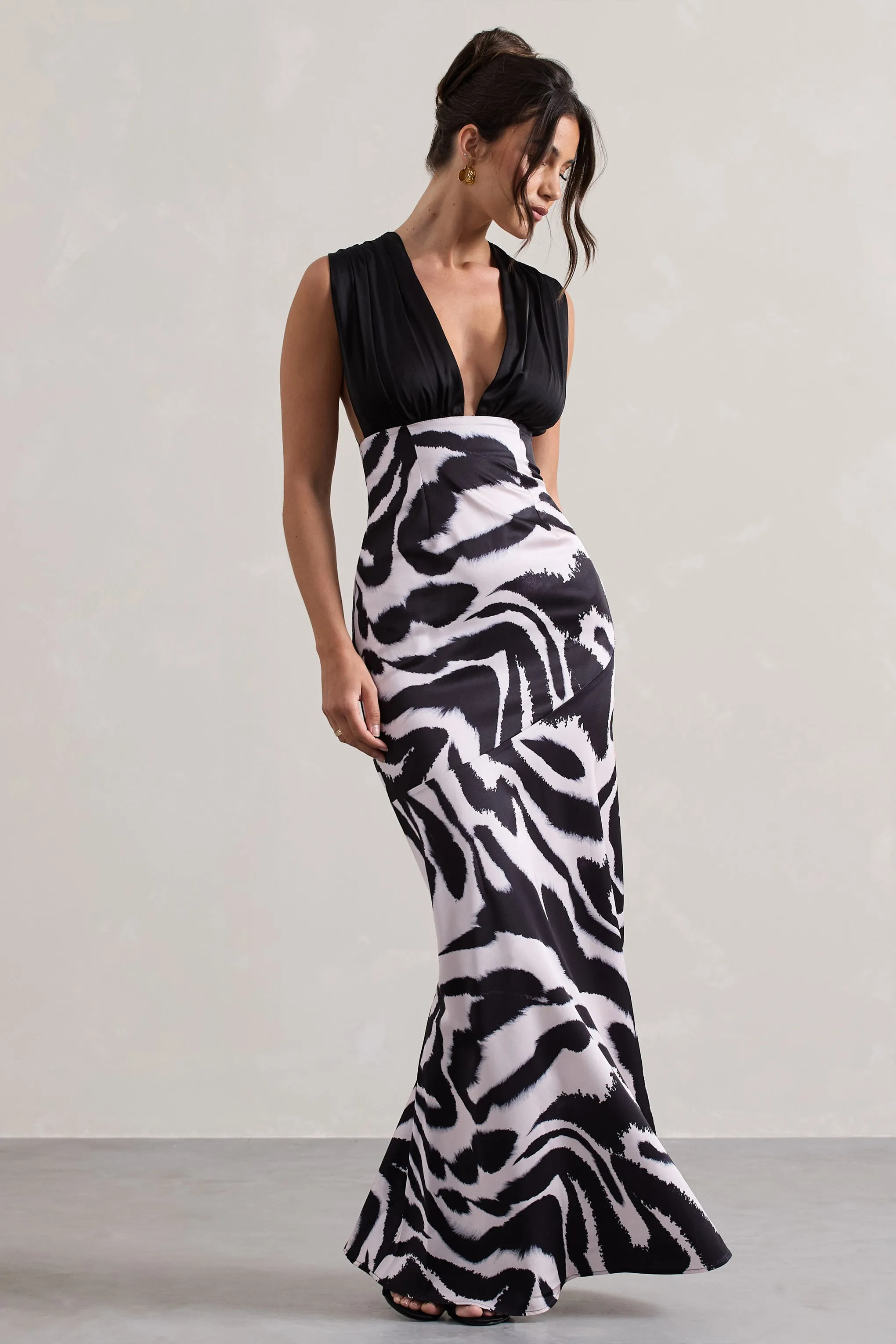 Azzara | Zebra Print Satin Ruched V-Neck Maxi Dress