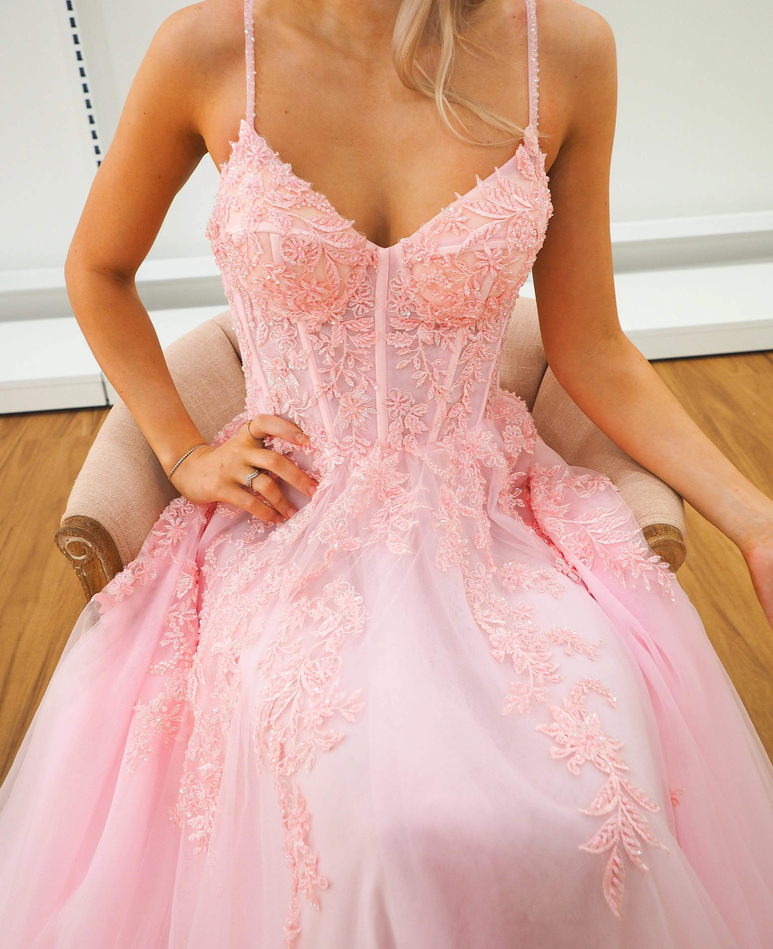 Baby pink tulle corset lace princess dress with lace up back