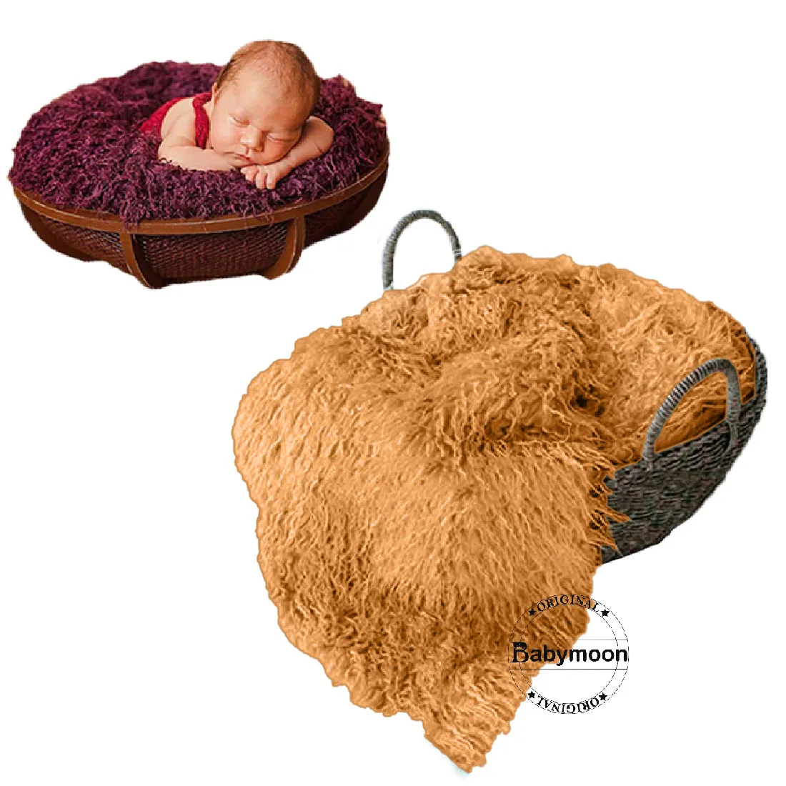 Babymoon Faux Fur Throw Basket Filler Blanket Baby Photography Photoshoot Props Flokati - light  Brown 56*46 CM