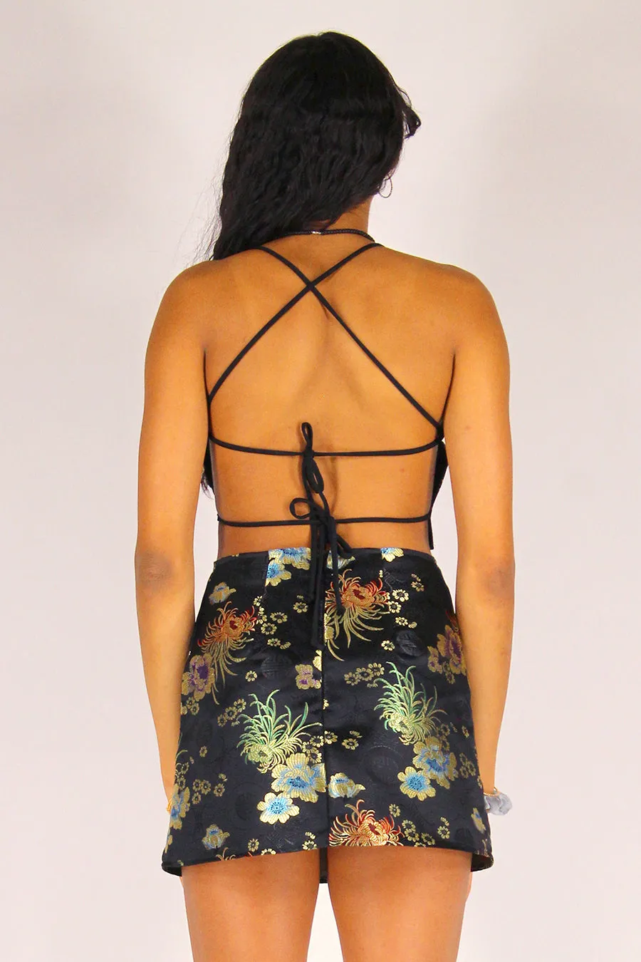 Backless Crop Top and Skirt - Black Satin with Flowers