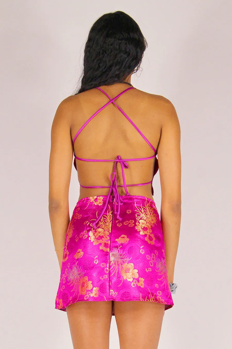 Backless Crop Top and Skirt - Fuchsia Satin with Flowers