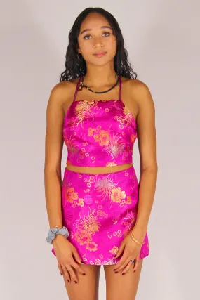 Backless Crop Top and Skirt - Fuchsia Satin with Flowers