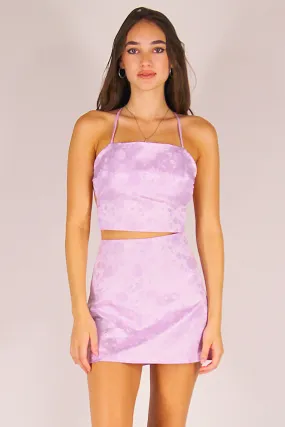 Backless Crop Top and Skirt - Lavender Satin with Roses