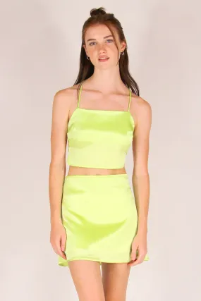 Backless Crop Top and Skirt - Lime Green Satin