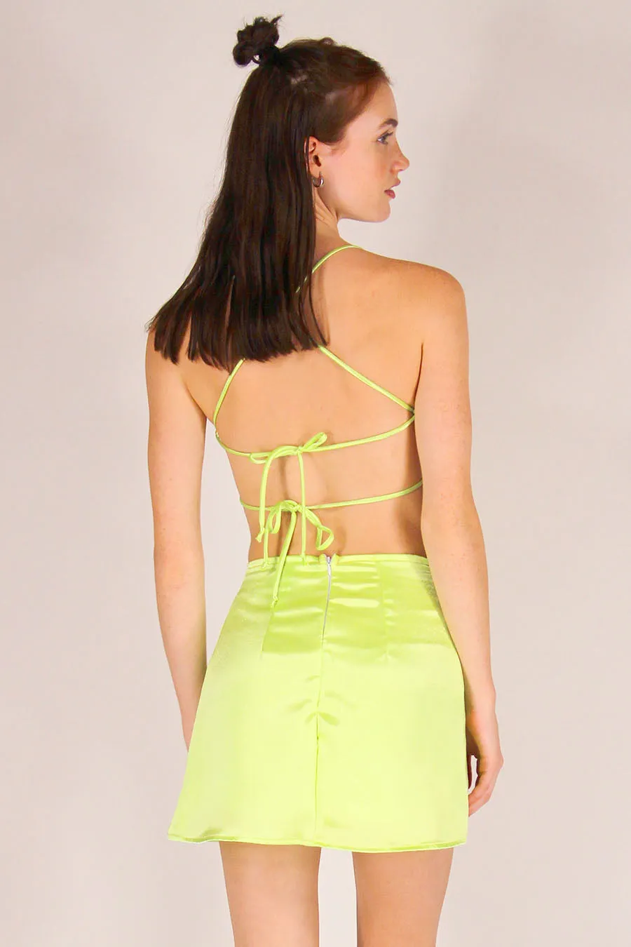 Backless Crop Top and Skirt - Lime Green Satin