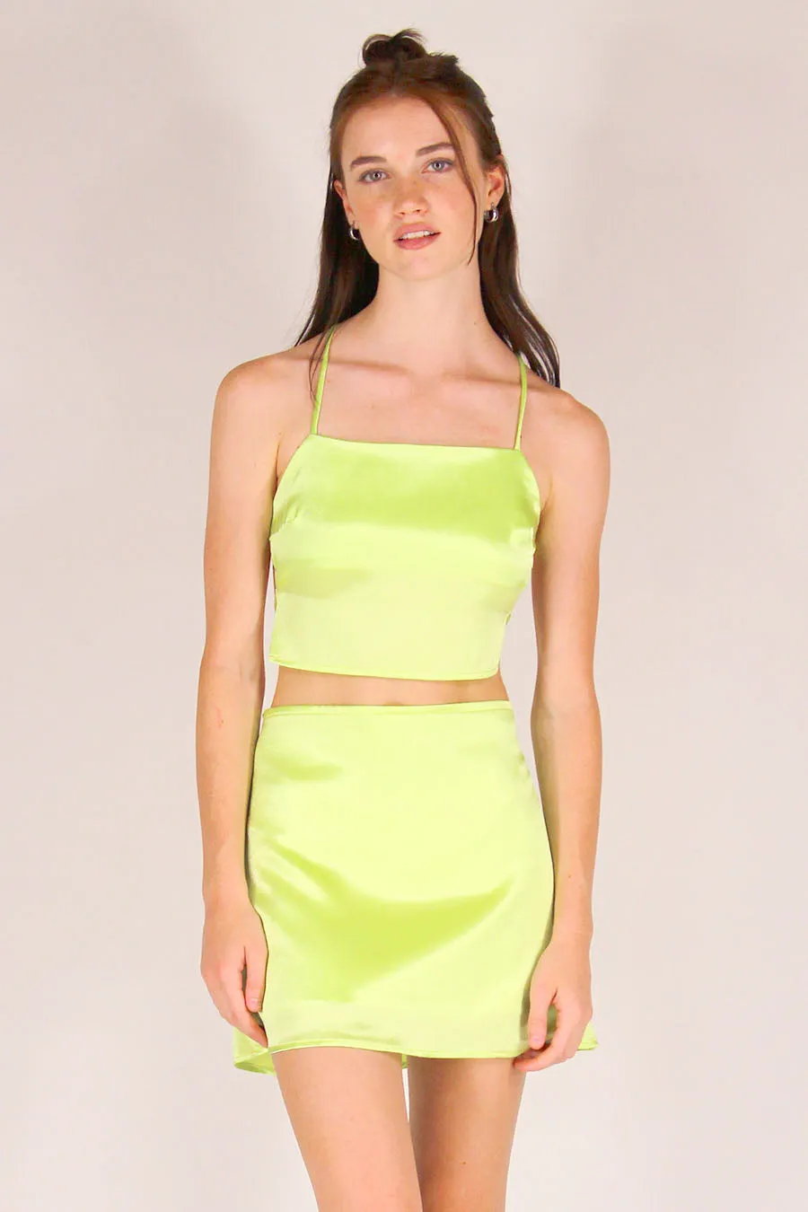 Backless Crop Top and Skirt - Lime Green Satin