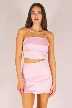 Backless Crop Top and Skirt - Pink Satin