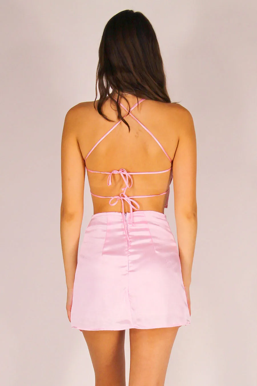 Backless Crop Top and Skirt - Pink Satin