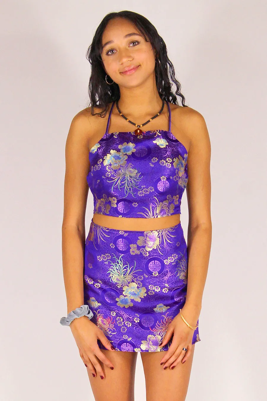 Backless Crop Top and Skirt - Purple Satin with Flowers