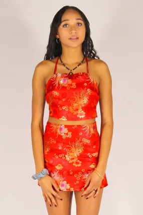 Backless Crop Top and Skirt - Red Satin with Flowers