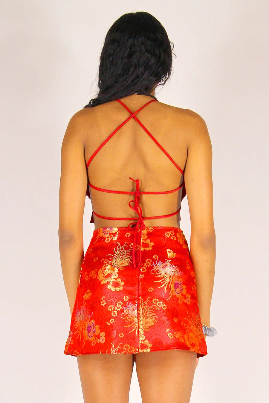 Backless Crop Top and Skirt - Red Satin with Flowers