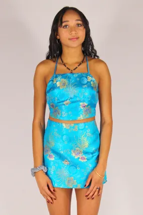 Backless Crop Top and Skirt - Turquoise Satin with Flowers