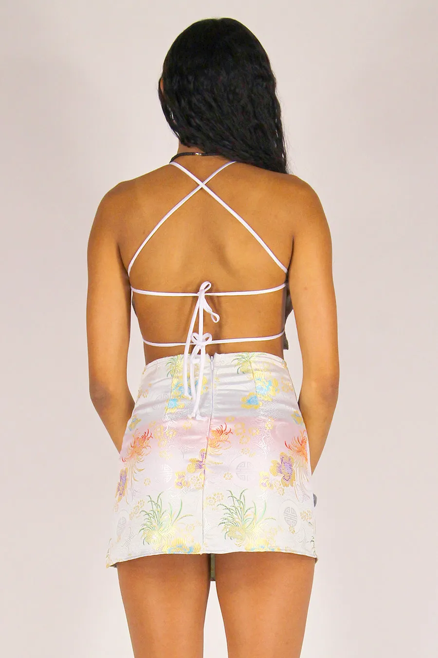 Backless Crop Top and Skirt - White Satin with Flowers