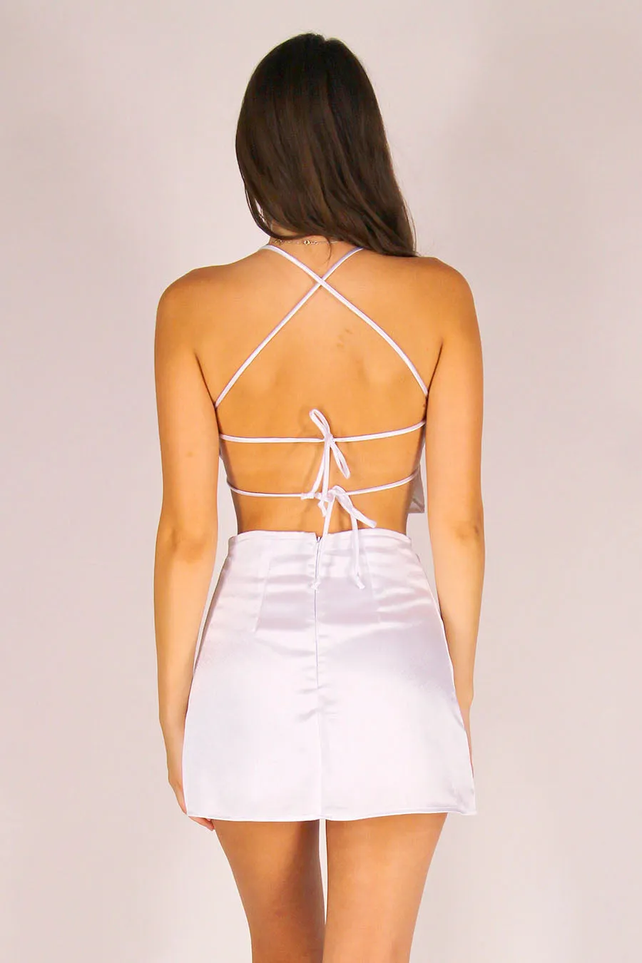 Backless Crop Top and Skirt - White Satin