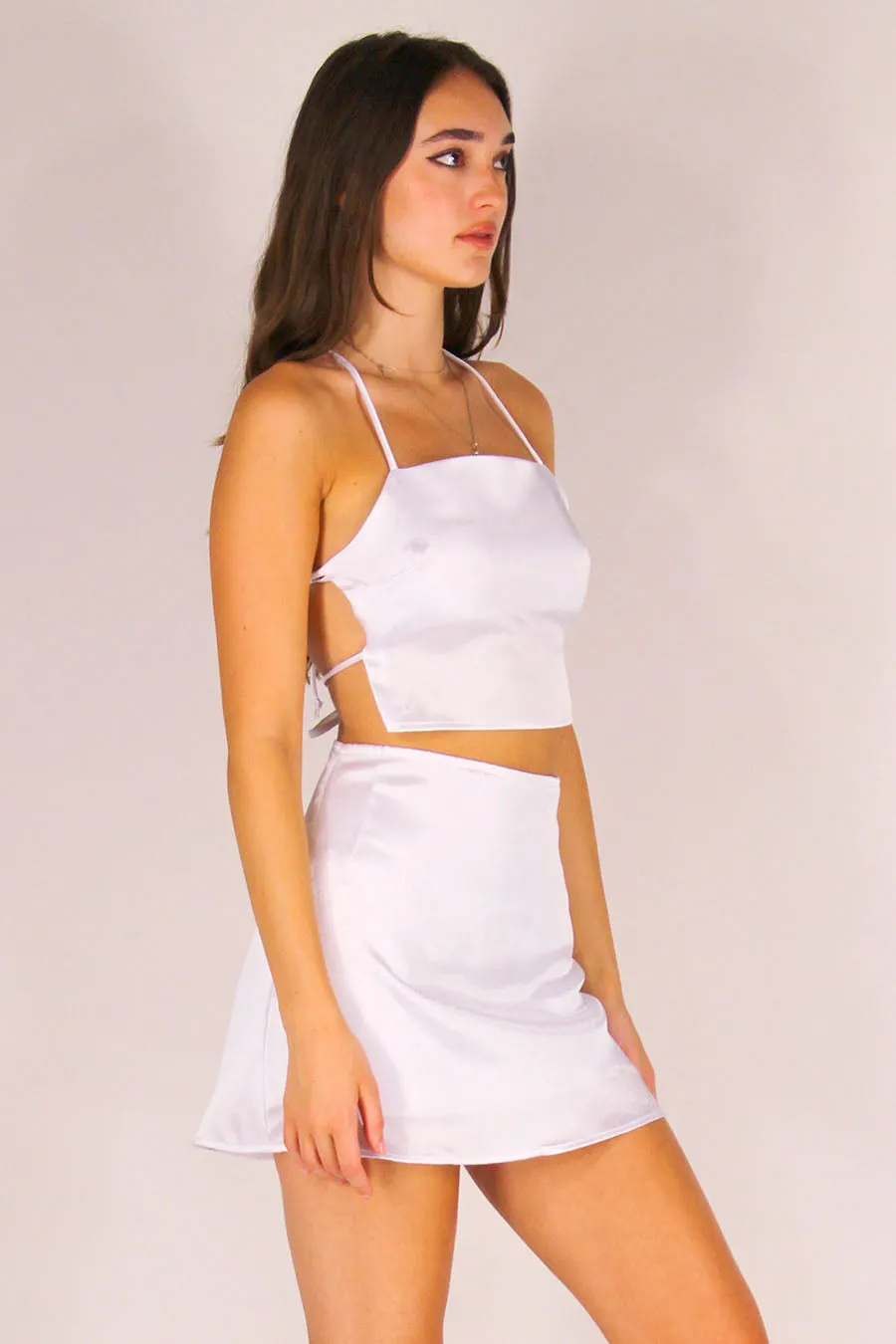 Backless Crop Top and Skirt - White Satin