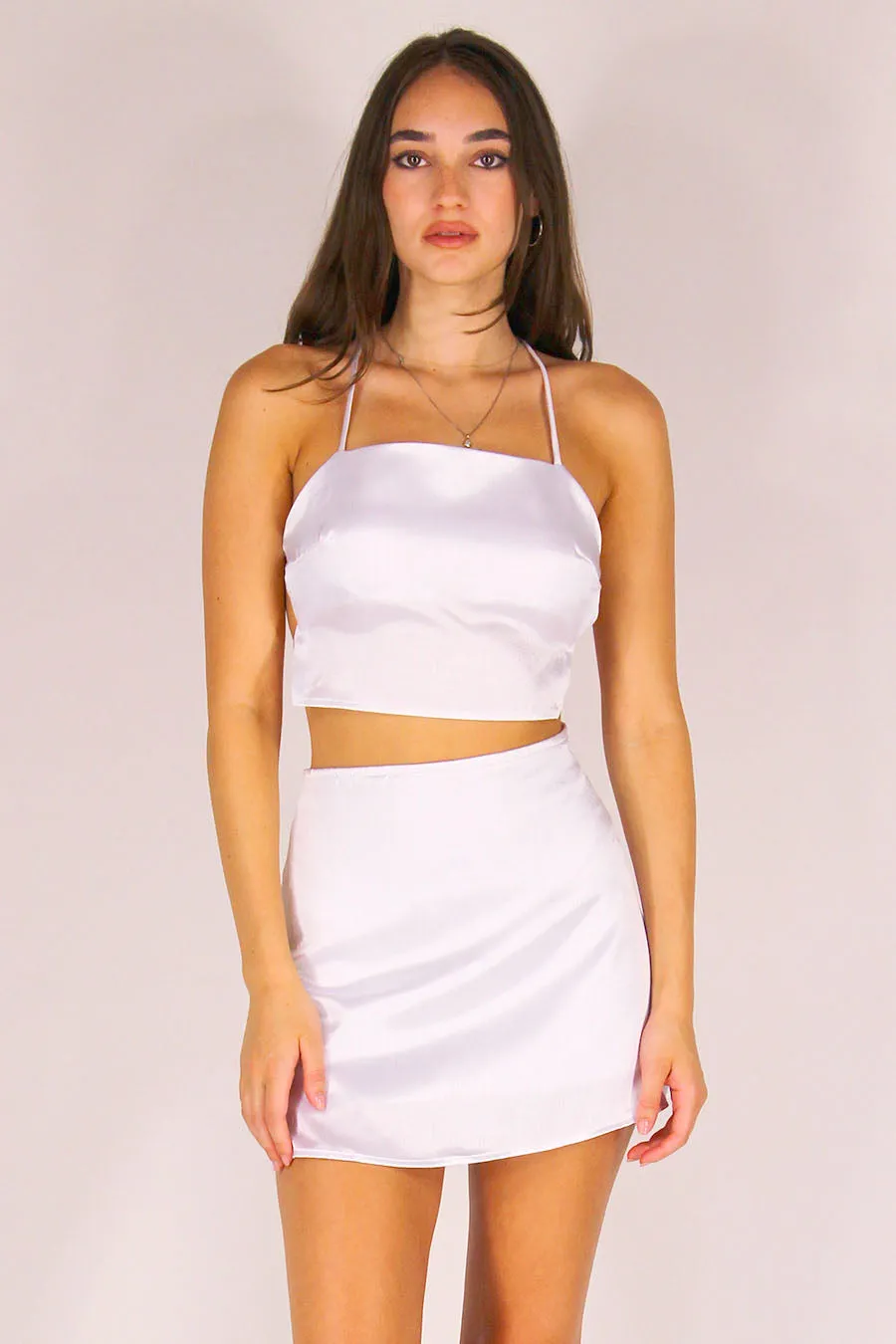 Backless Crop Top and Skirt - White Satin