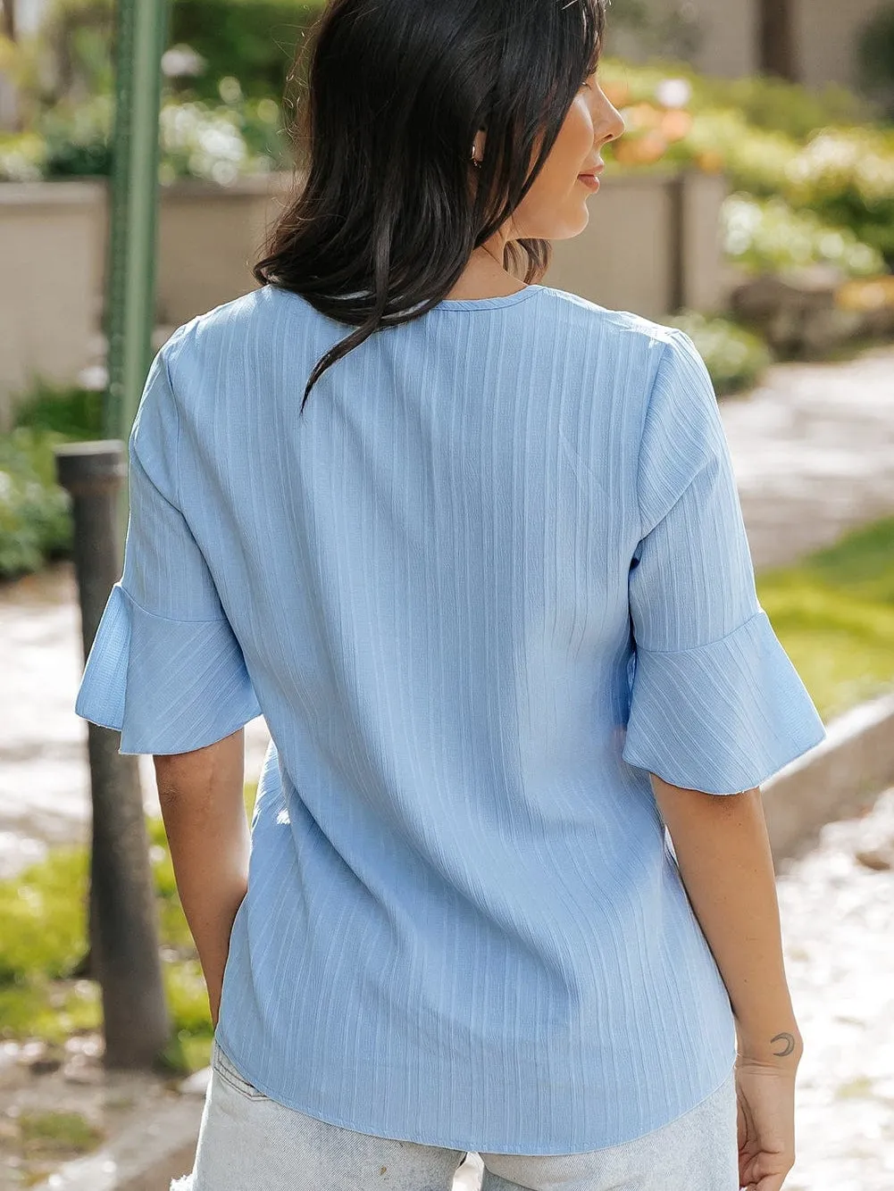 Beau Blue Textured V Neck Ruffled Sleeve Top