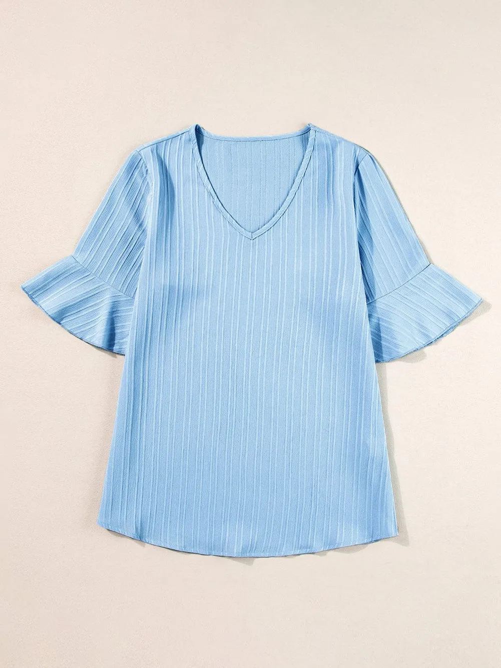 Beau Blue Textured V Neck Ruffled Sleeve Top