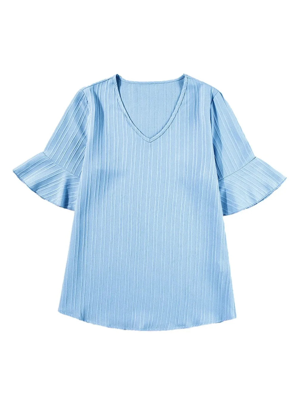 Beau Blue Textured V Neck Ruffled Sleeve Top