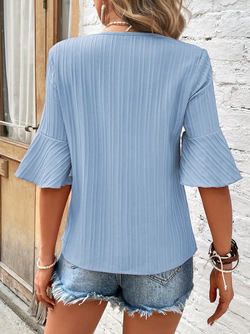 Beau Blue Textured V Neck Ruffled Sleeve Top