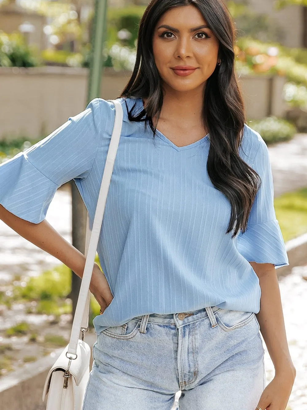 Beau Blue Textured V Neck Ruffled Sleeve Top