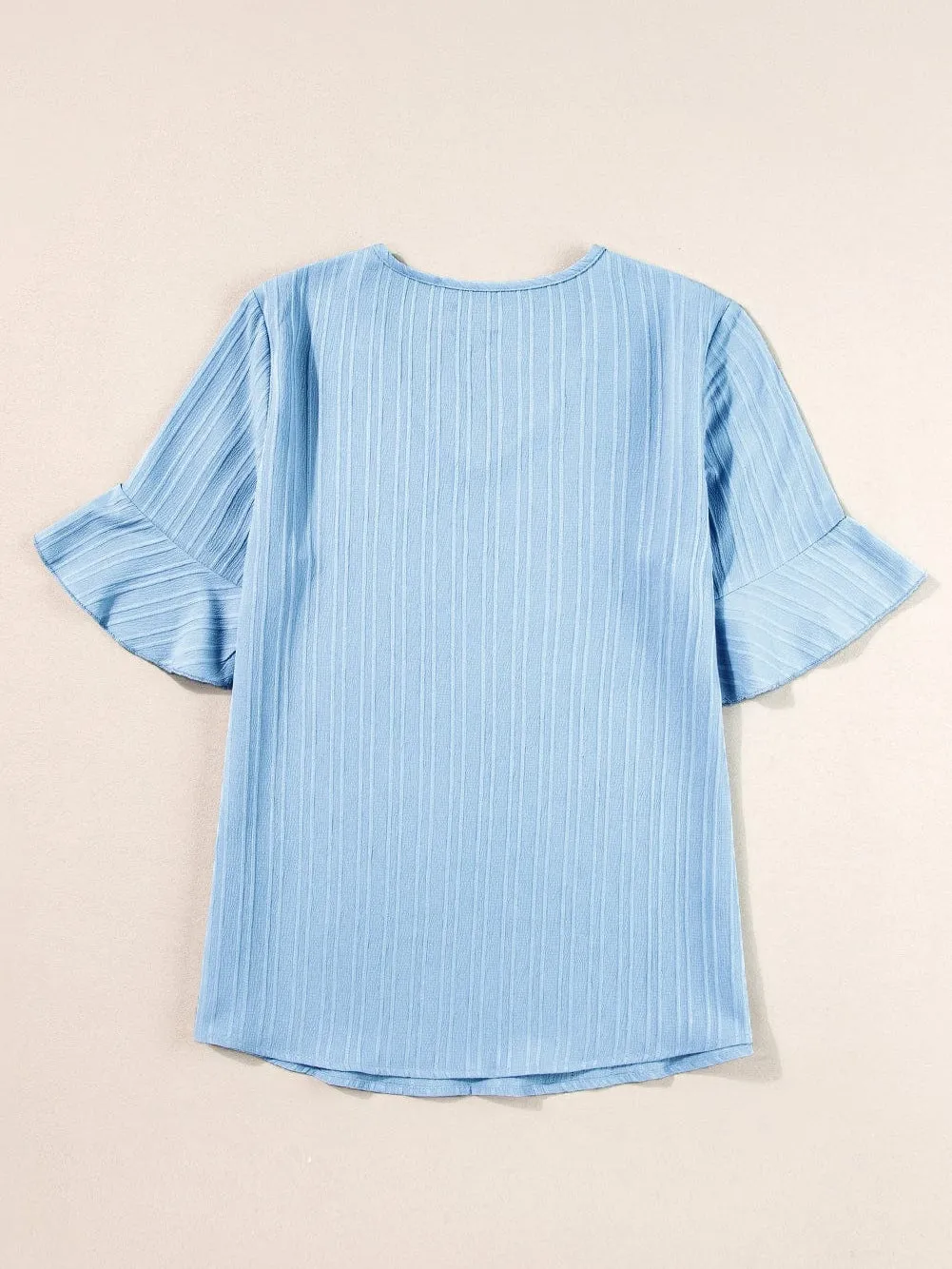 Beau Blue Textured V Neck Ruffled Sleeve Top